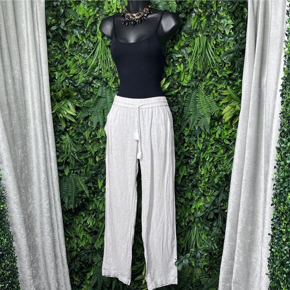 NICOLE MILLER Pants Women Small Khaki 100% Linen Stretch Tie Waist‎ 2242 - Picture 1 of 9
